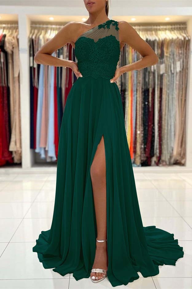 Glamorous One Shoulder Sleeveless Lace Appliques Prom Dress With Front Split
