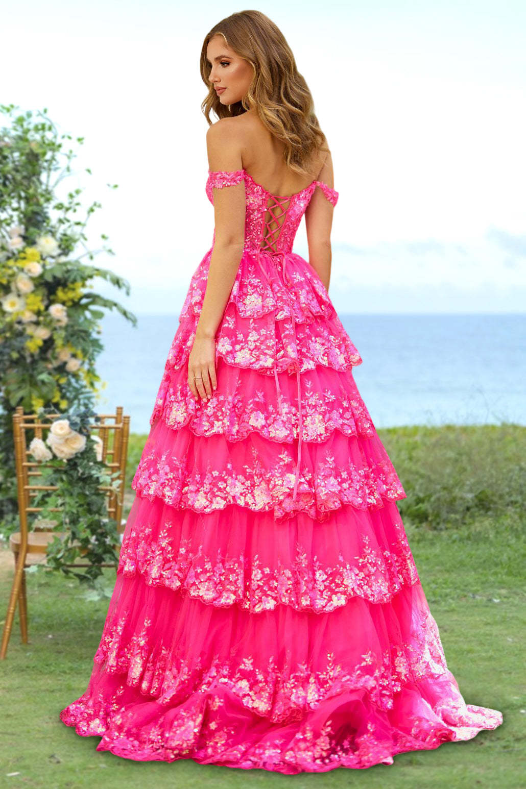 Sweetheart Off-the-Shoulder A-Line Princess Long Prom Dress with Floral Sequins & Ruffles