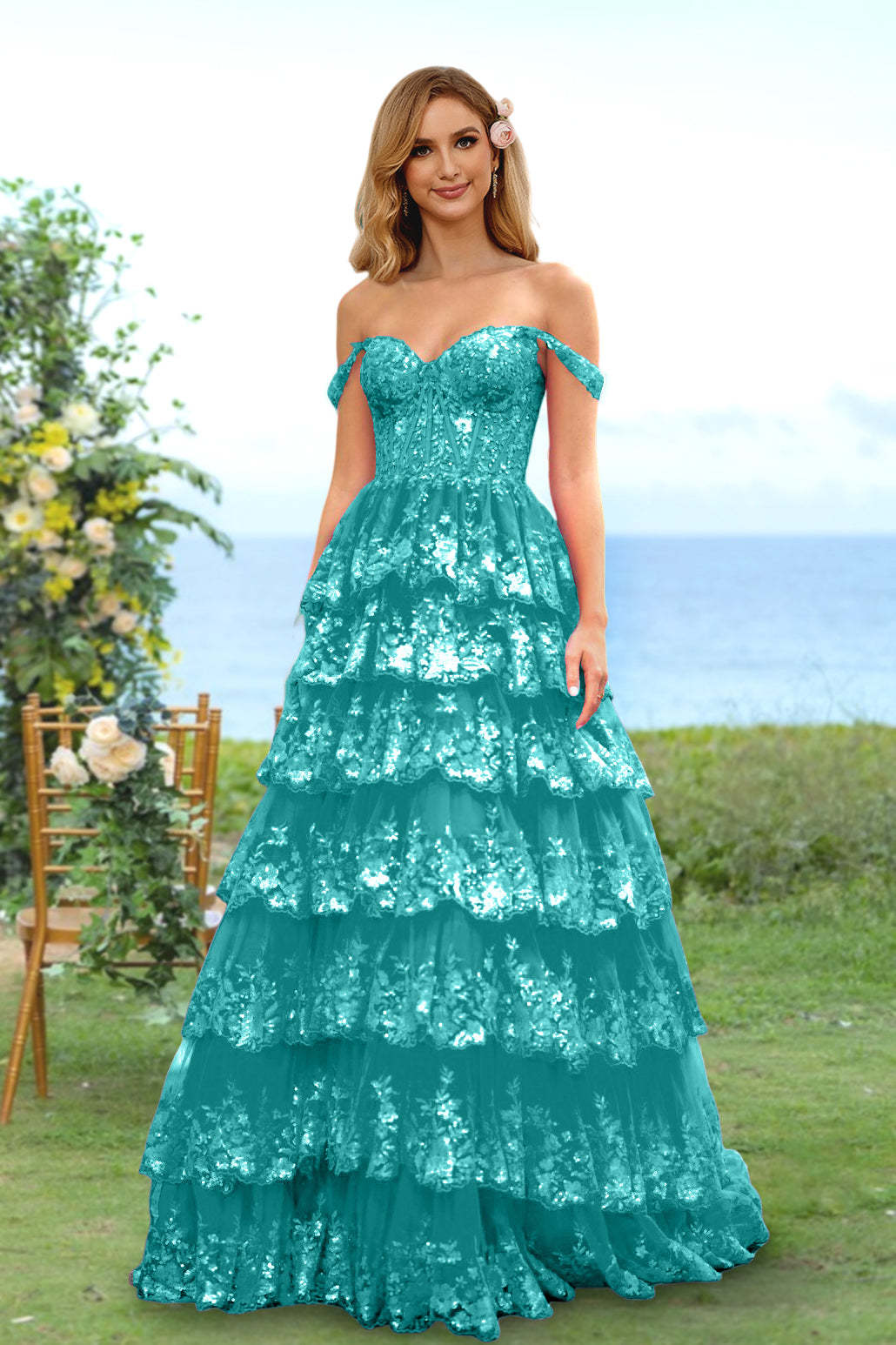 Sweetheart Off-the-Shoulder A-Line Princess Long Prom Dress with Floral Sequins & Ruffles