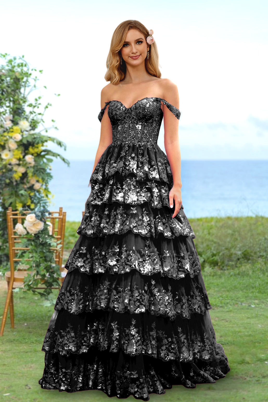 Sweetheart Off-the-Shoulder A-Line Princess Long Prom Dress with Floral Sequins & Ruffles