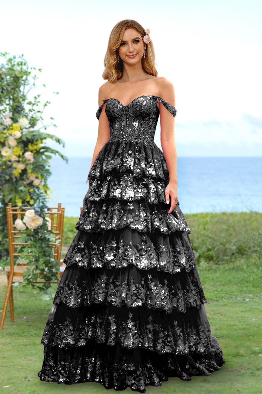 Sweetheart Off-the-Shoulder A-Line Princess Long Prom Dress with Floral Sequins & Ruffles