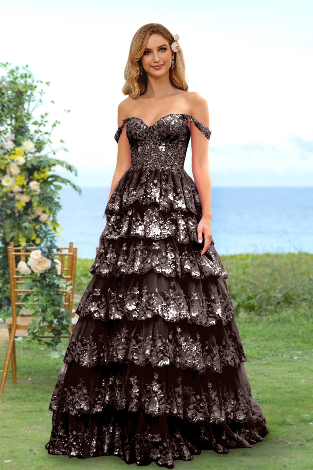 Sweetheart Off-the-Shoulder A-Line Princess Long Prom Dress with Floral Sequins & Ruffles