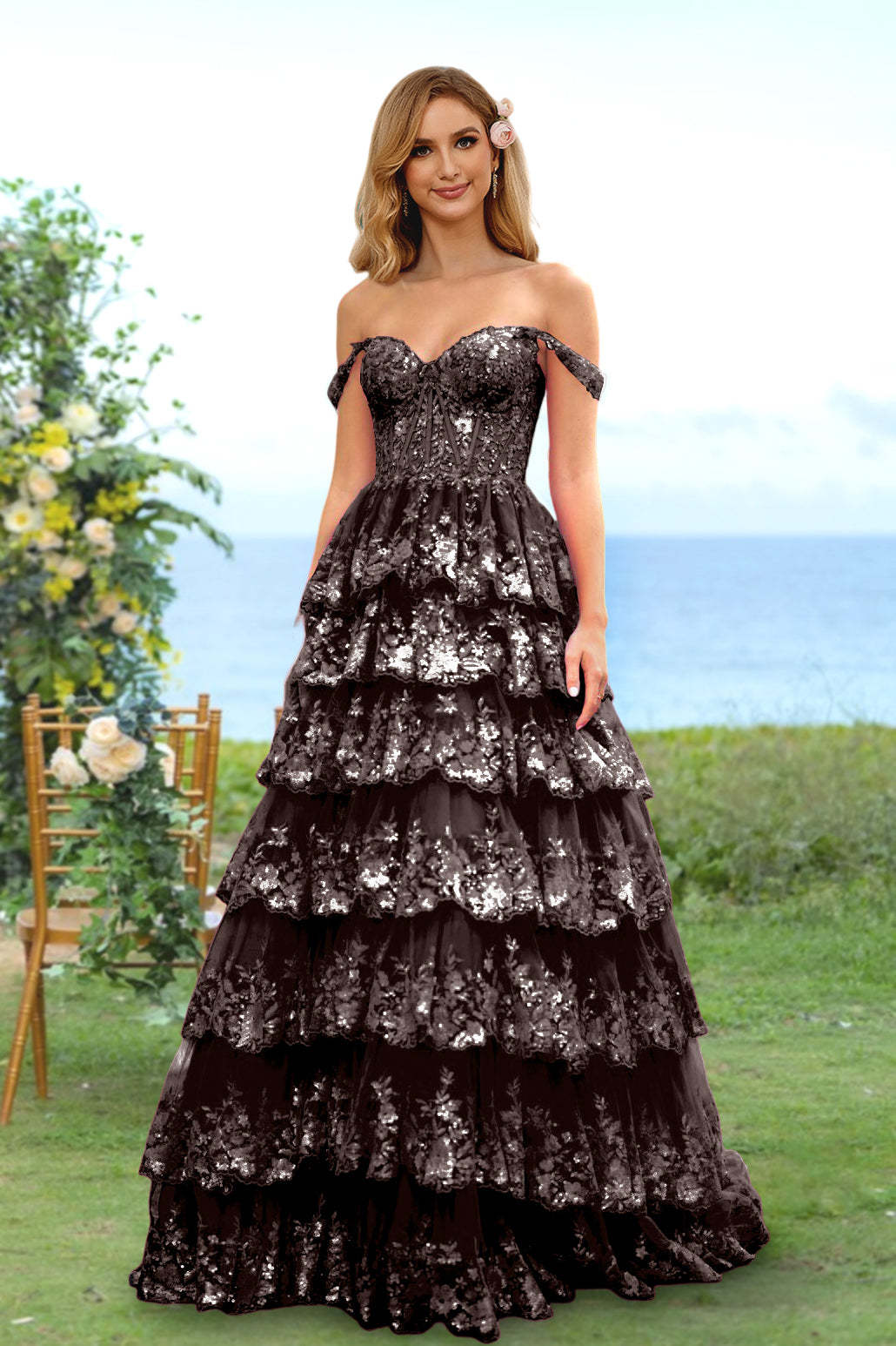 Sweetheart Off-the-Shoulder A-Line Princess Long Prom Dress with Floral Sequins & Ruffles