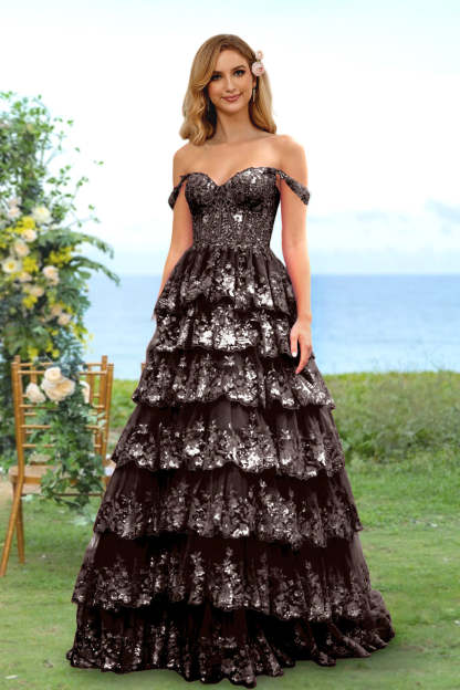 Sweetheart Off-the-Shoulder A-Line Princess Long Prom Dress with Floral Sequins & Ruffles