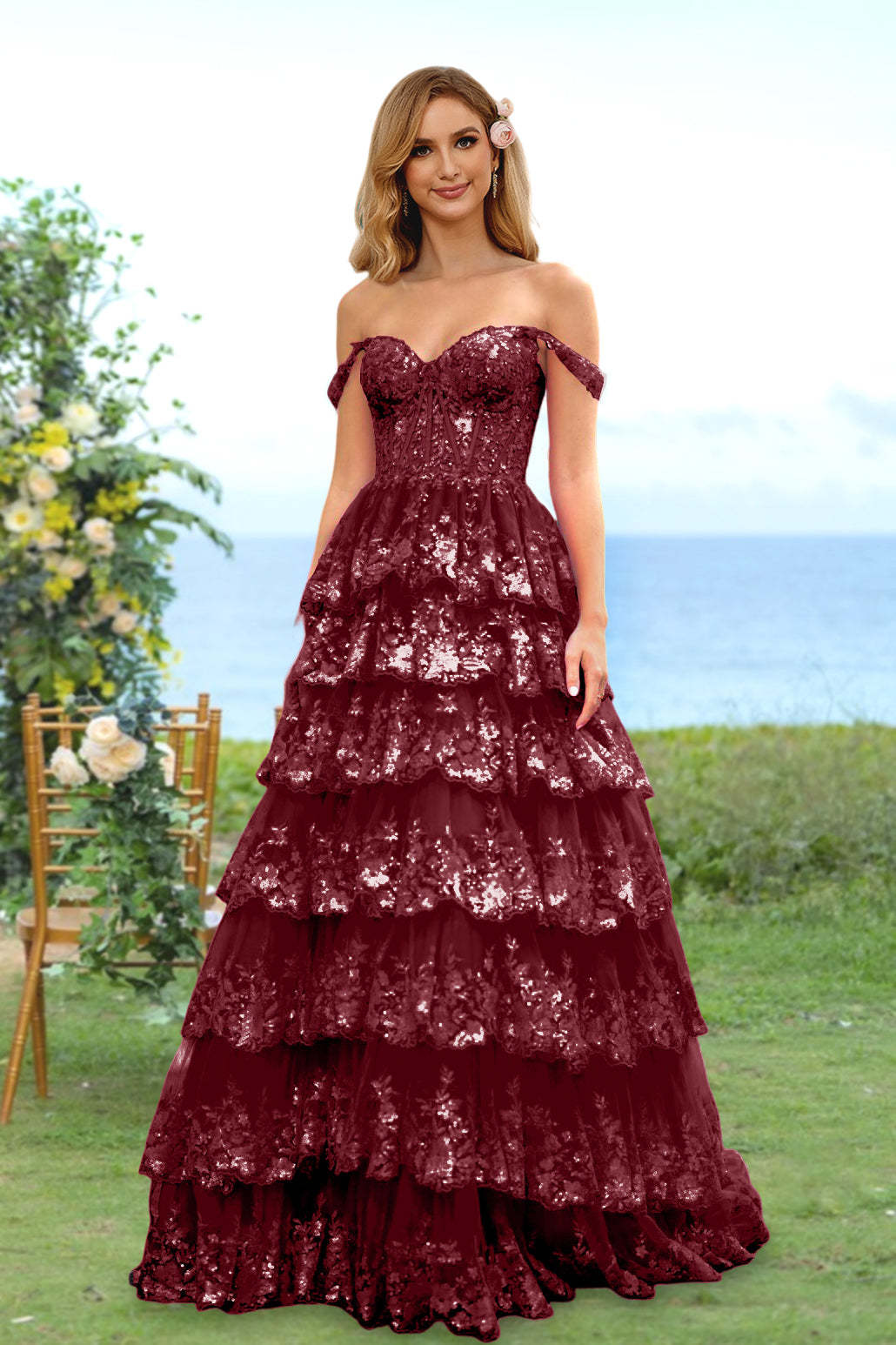 Sweetheart Off-the-Shoulder A-Line Princess Long Prom Dress with Floral Sequins & Ruffles