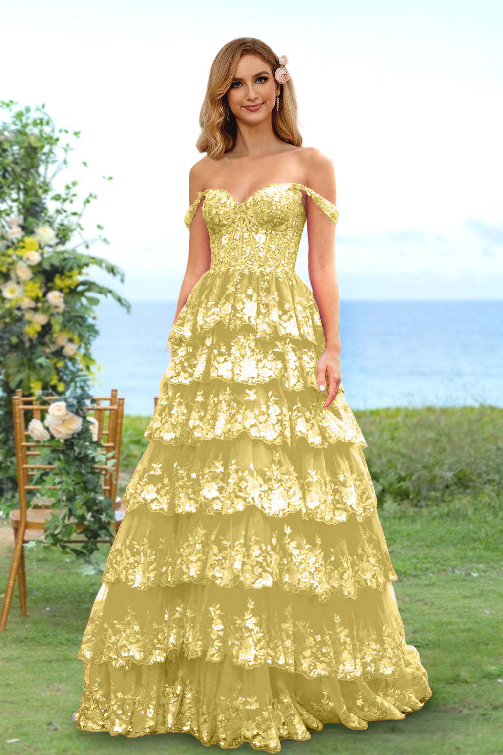 Sweetheart Off-the-Shoulder A-Line Princess Long Prom Dress with Floral Sequins & Ruffles