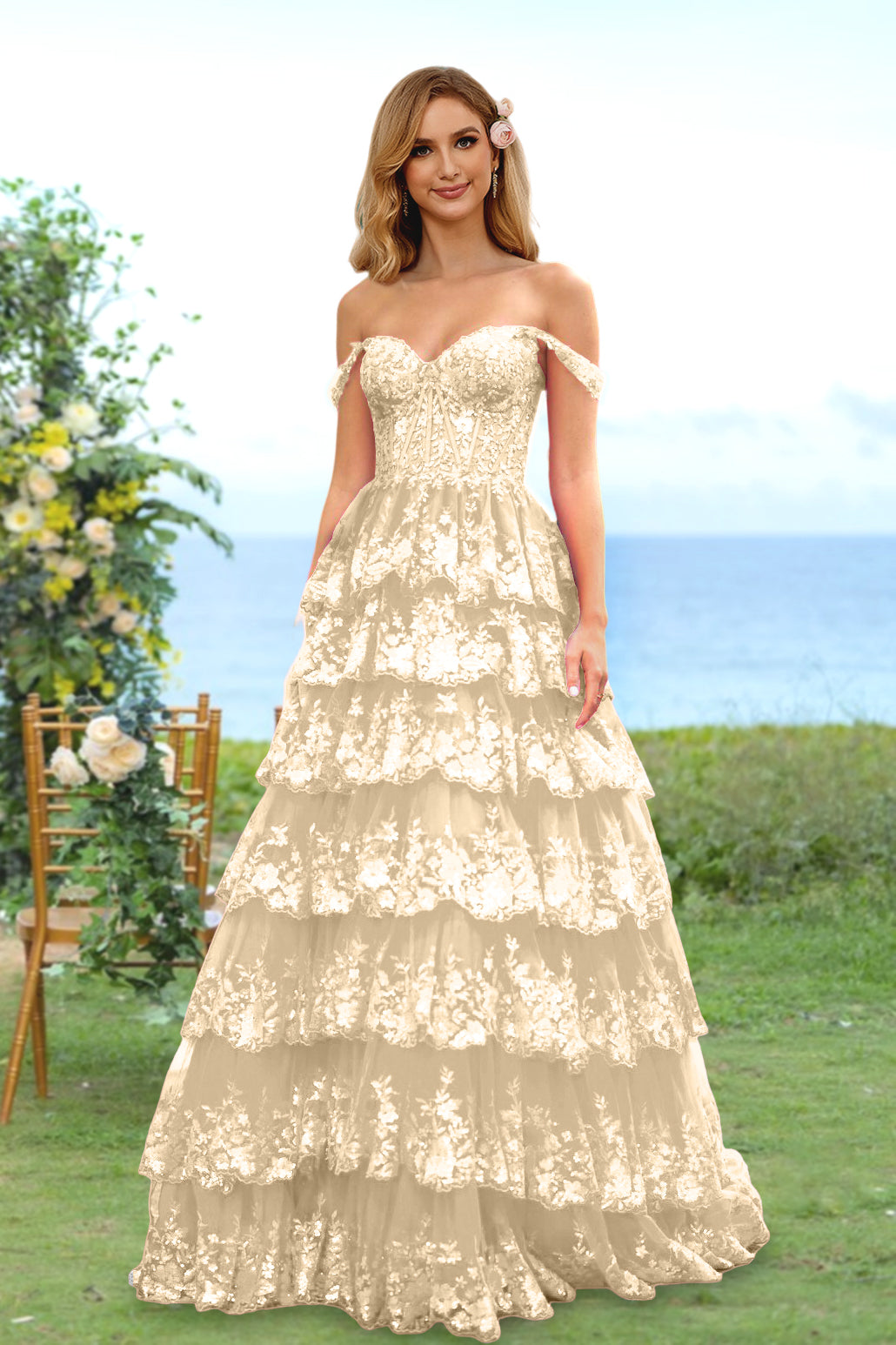 Sweetheart Off-the-Shoulder A-Line Princess Long Prom Dress with Floral Sequins & Ruffles