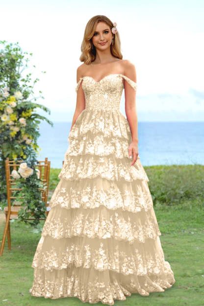 Sweetheart Off-the-Shoulder A-Line Princess Long Prom Dress with Floral Sequins & Ruffles