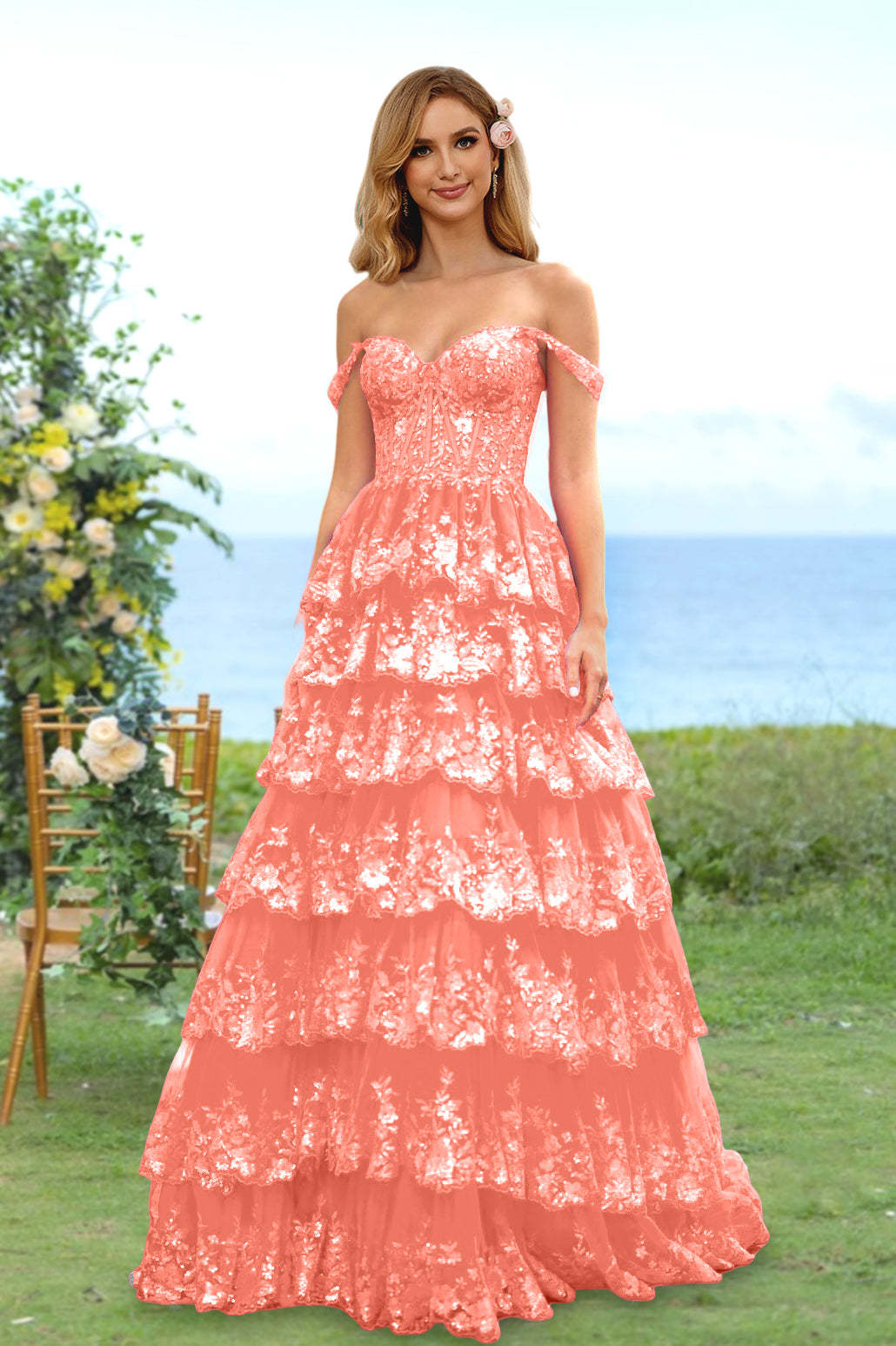Sweetheart Off-the-Shoulder A-Line Princess Long Prom Dress with Floral Sequins & Ruffles