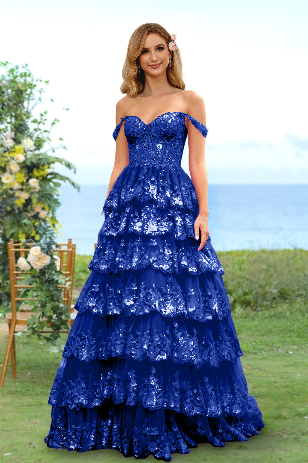 Sweetheart Off-the-Shoulder A-Line Princess Long Prom Dress with Floral Sequins & Ruffles