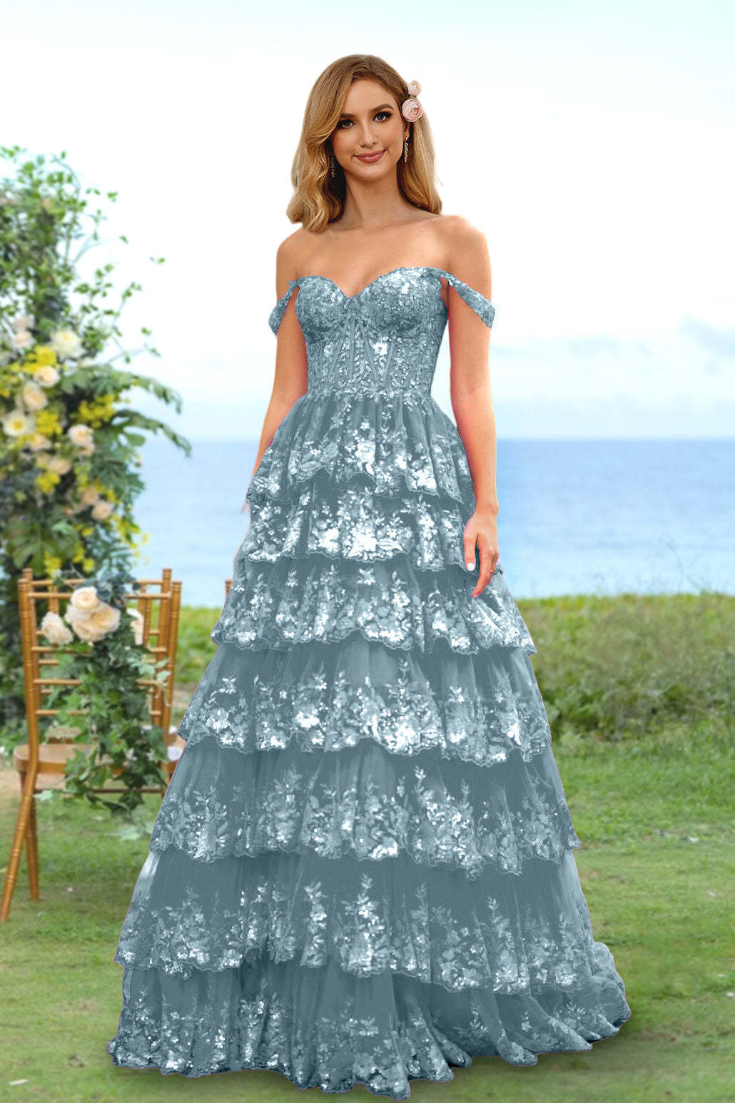 Sweetheart Off-the-Shoulder A-Line Princess Long Prom Dress with Floral Sequins & Ruffles
