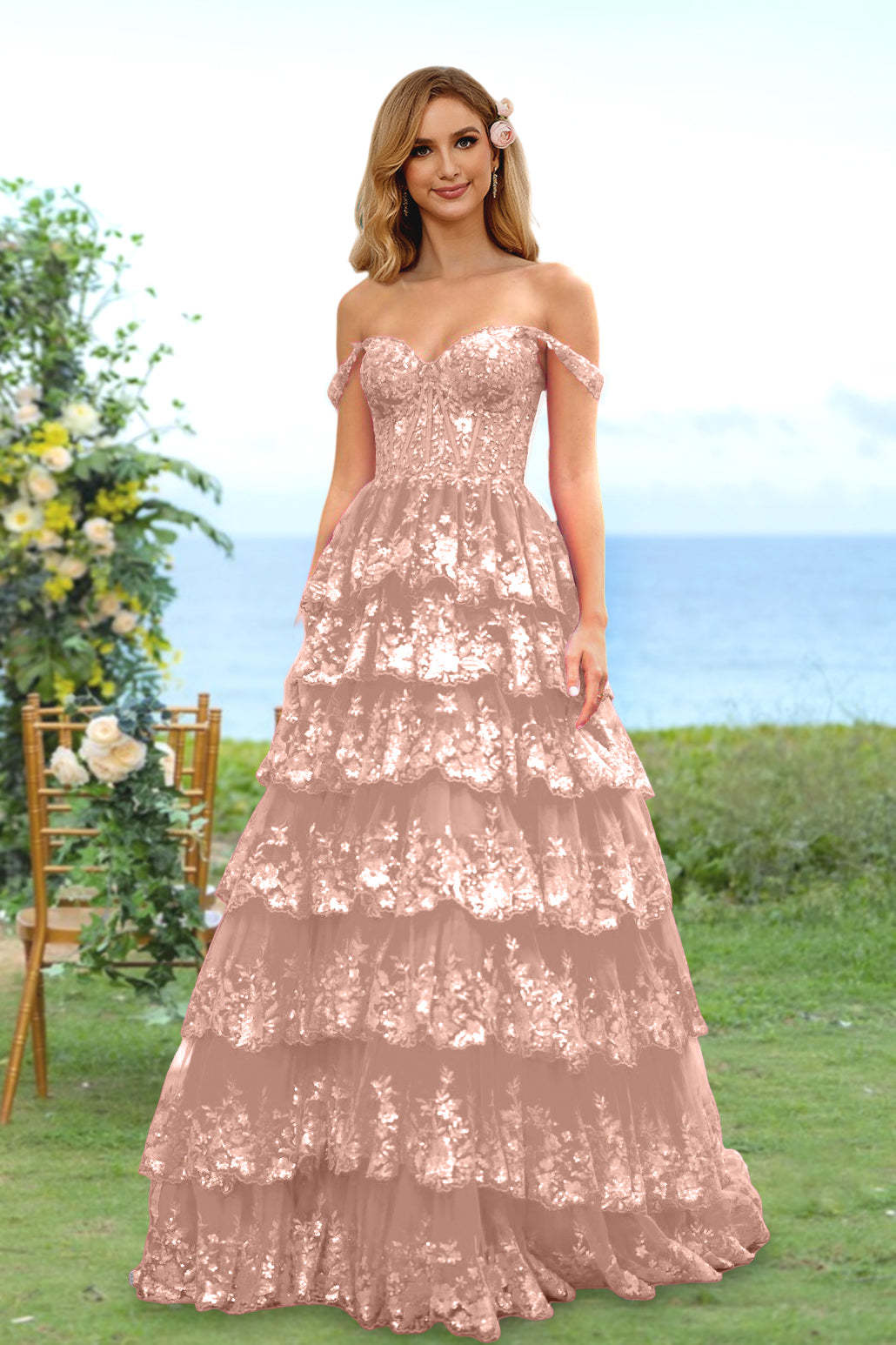 Sweetheart Off-the-Shoulder A-Line Princess Long Prom Dress with Floral Sequins & Ruffles