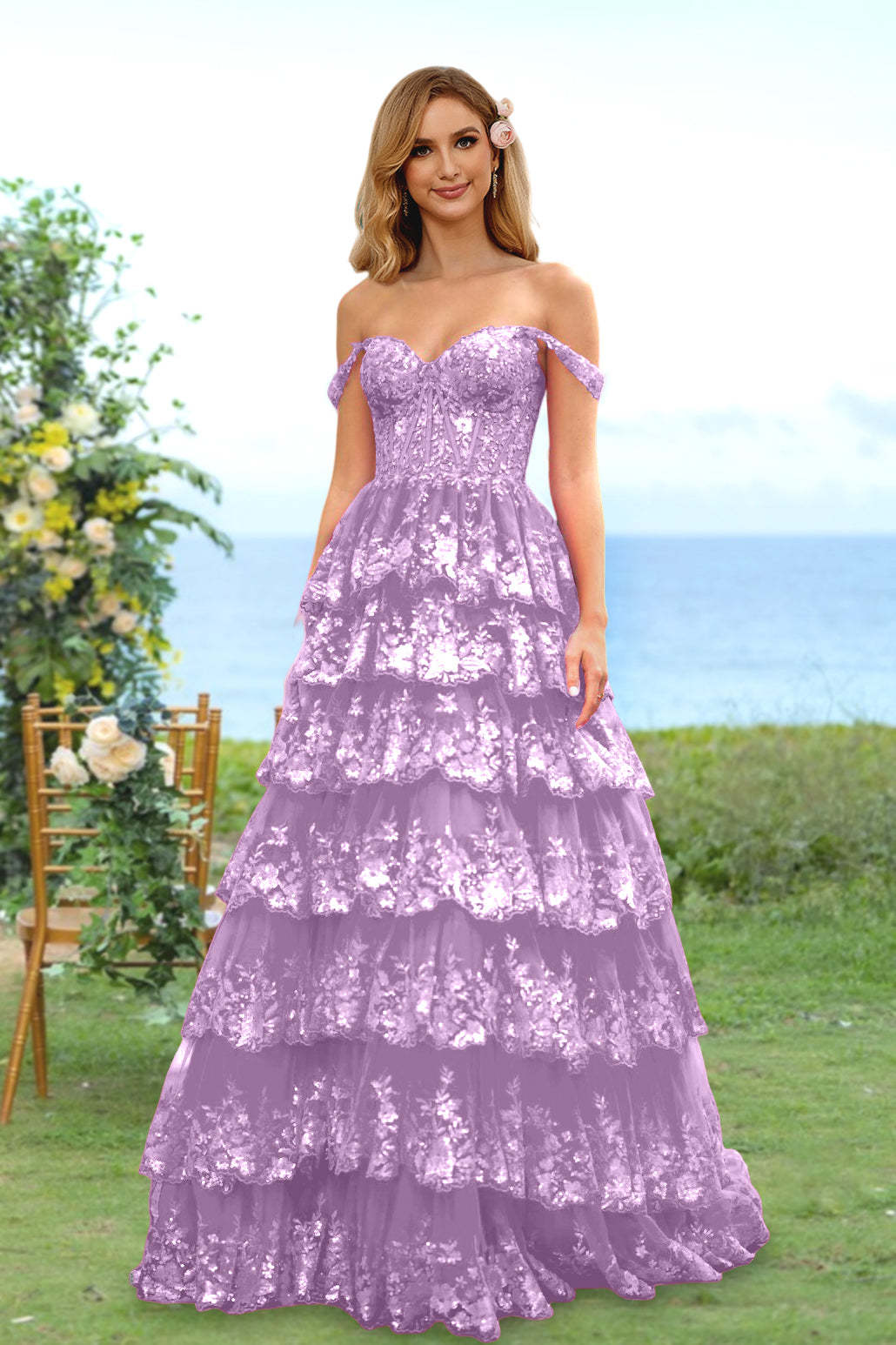Sweetheart Off-the-Shoulder A-Line Princess Long Prom Dress with Floral Sequins & Ruffles