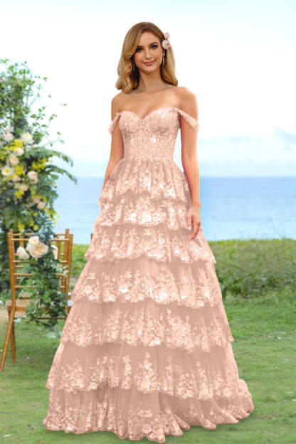 Sweetheart Off-the-Shoulder A-Line Princess Long Prom Dress with Floral Sequins & Ruffles