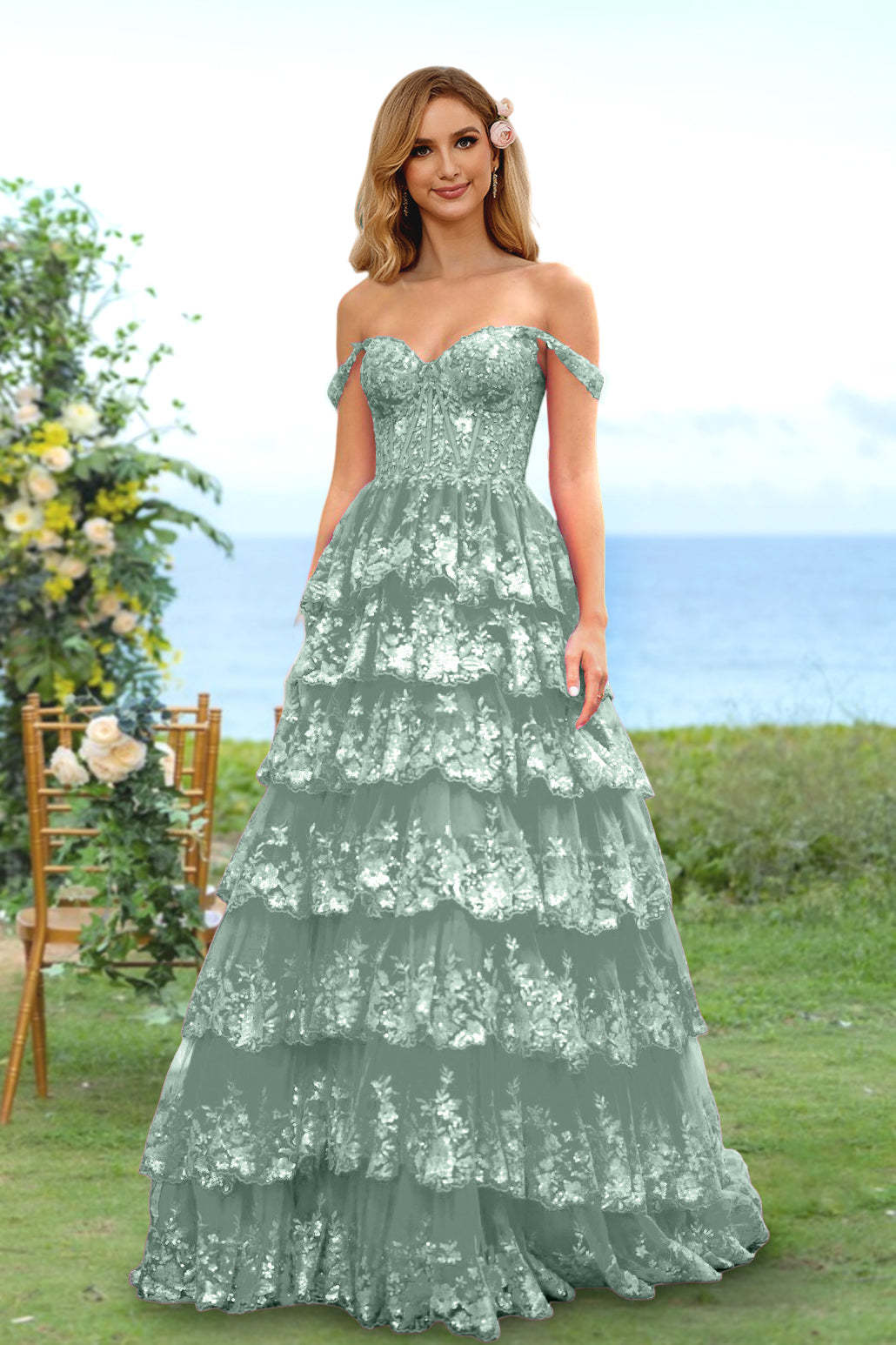 Sweetheart Off-the-Shoulder A-Line Princess Long Prom Dress with Floral Sequins & Ruffles