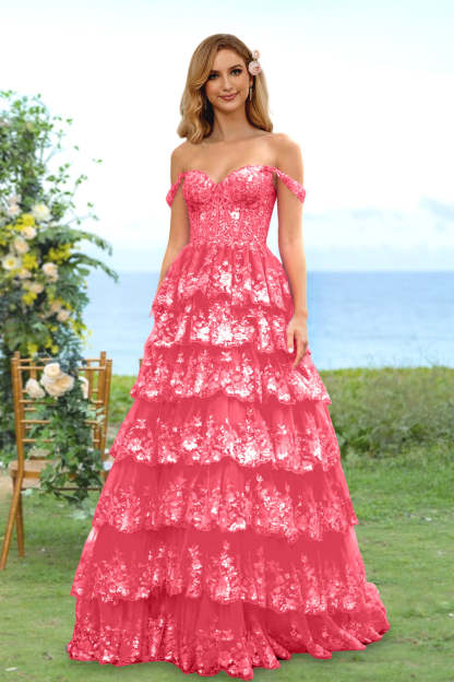 Sweetheart Off-the-Shoulder A-Line Princess Long Prom Dress with Floral Sequins & Ruffles