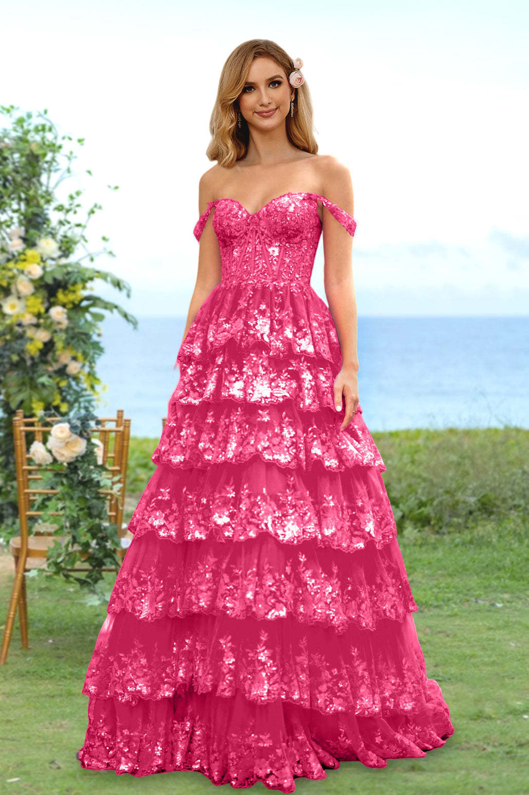 Sweetheart Off-the-Shoulder A-Line Princess Long Prom Dress with Floral Sequins & Ruffles
