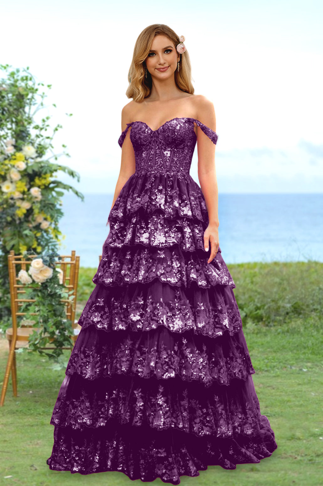 Sweetheart Off-the-Shoulder A-Line Princess Long Prom Dress with Floral Sequins & Ruffles