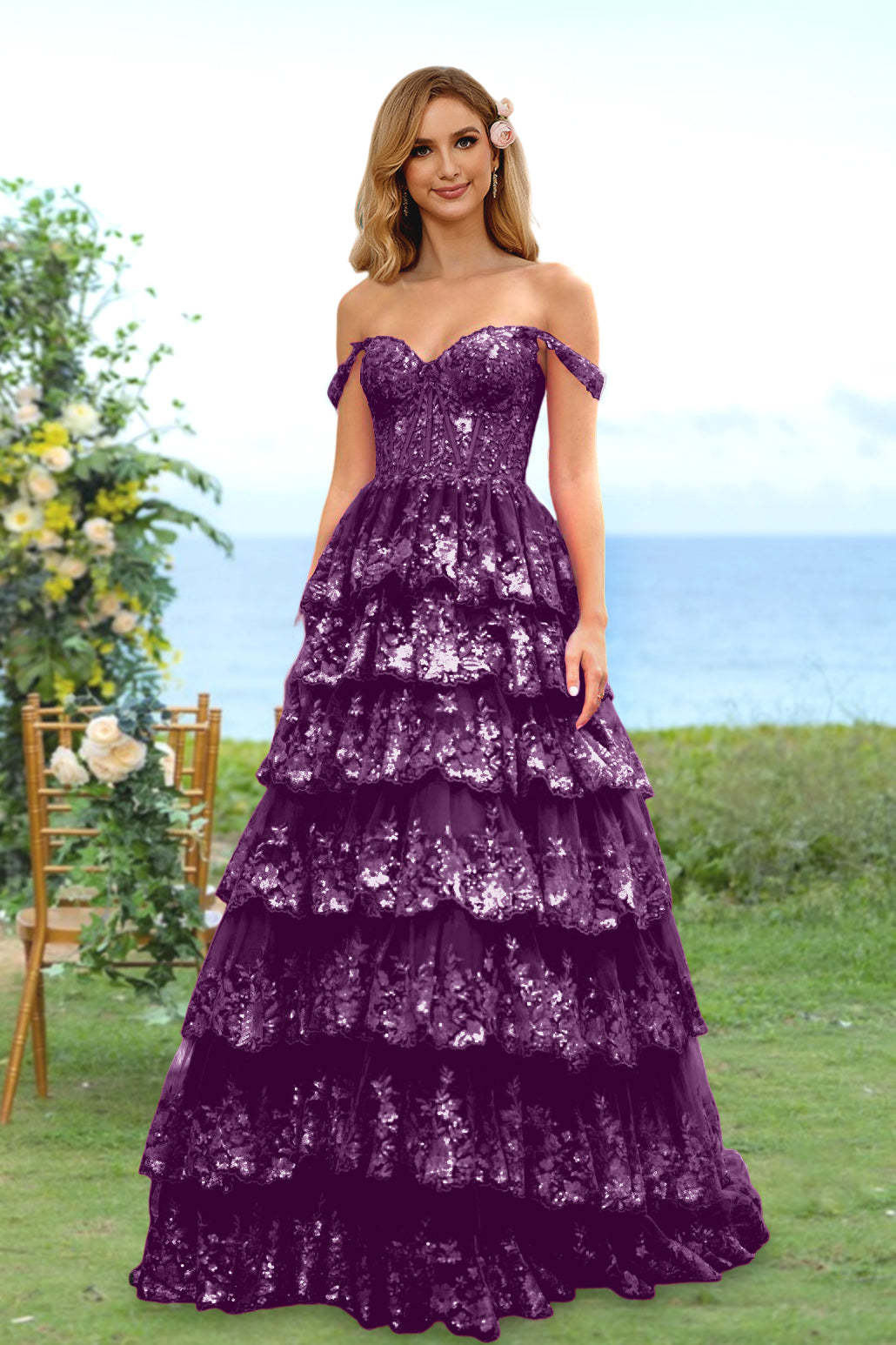 Sweetheart Off-the-Shoulder A-Line Princess Long Prom Dress with Floral Sequins & Ruffles