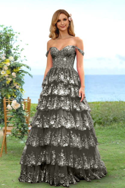 Sweetheart Off-the-Shoulder A-Line Princess Long Prom Dress with Floral Sequins & Ruffles