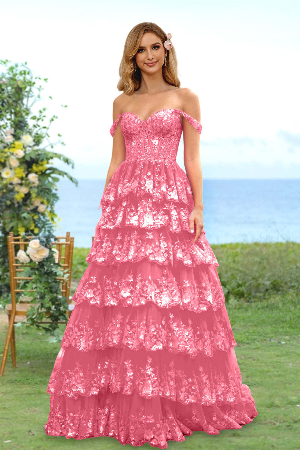 Sweetheart Off-the-Shoulder A-Line Princess Long Prom Dress with Floral Sequins & Ruffles