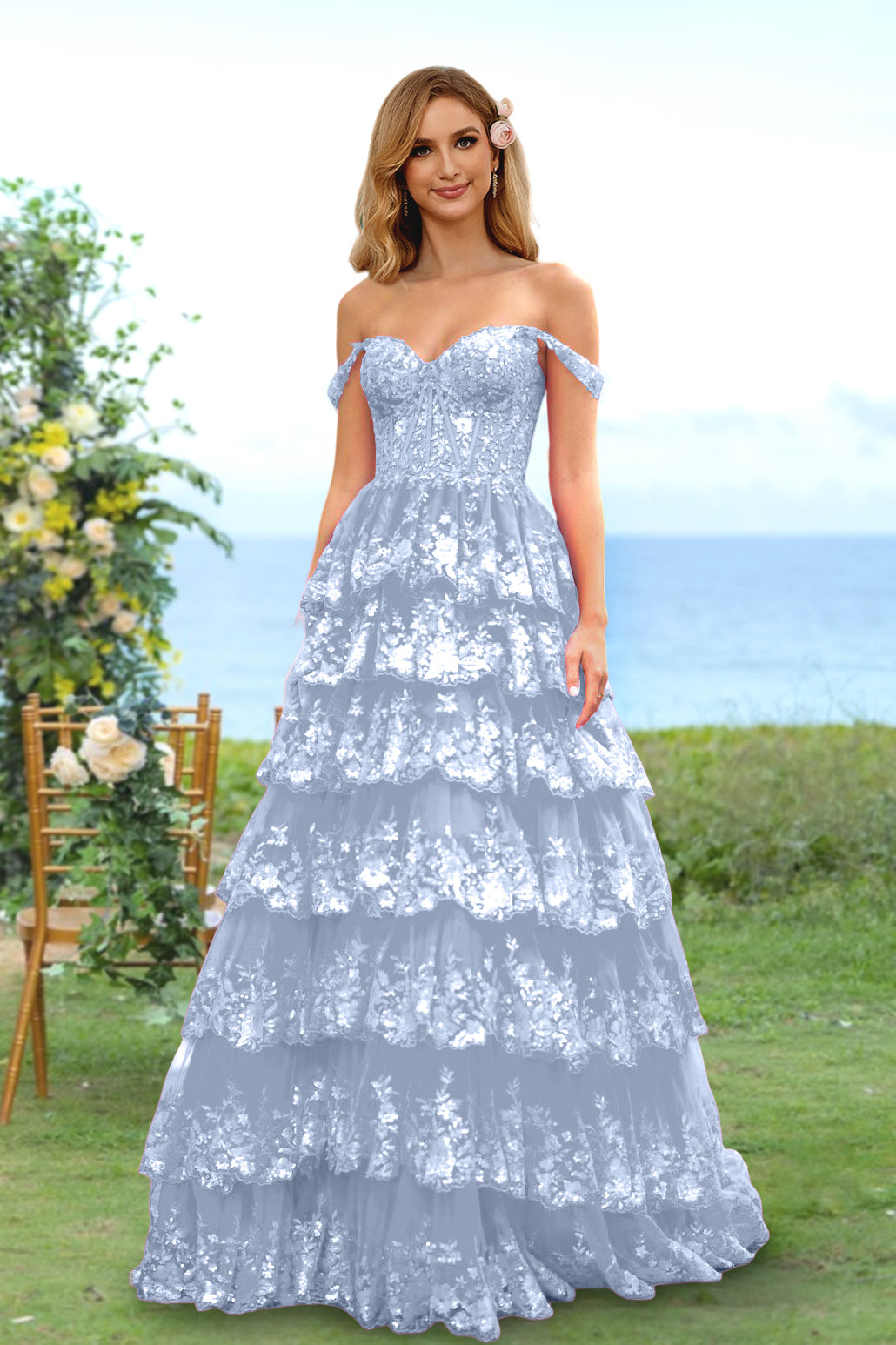 Sweetheart Off-the-Shoulder A-Line Princess Long Prom Dress with Floral Sequins & Ruffles