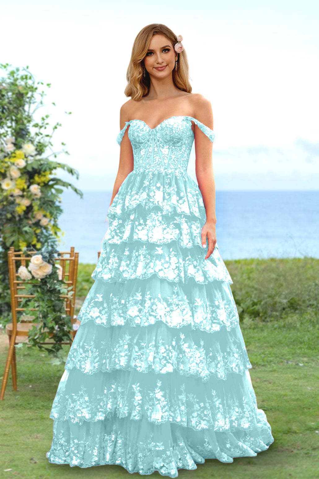 Sweetheart Off-the-Shoulder A-Line Princess Long Prom Dress with Floral Sequins & Ruffles