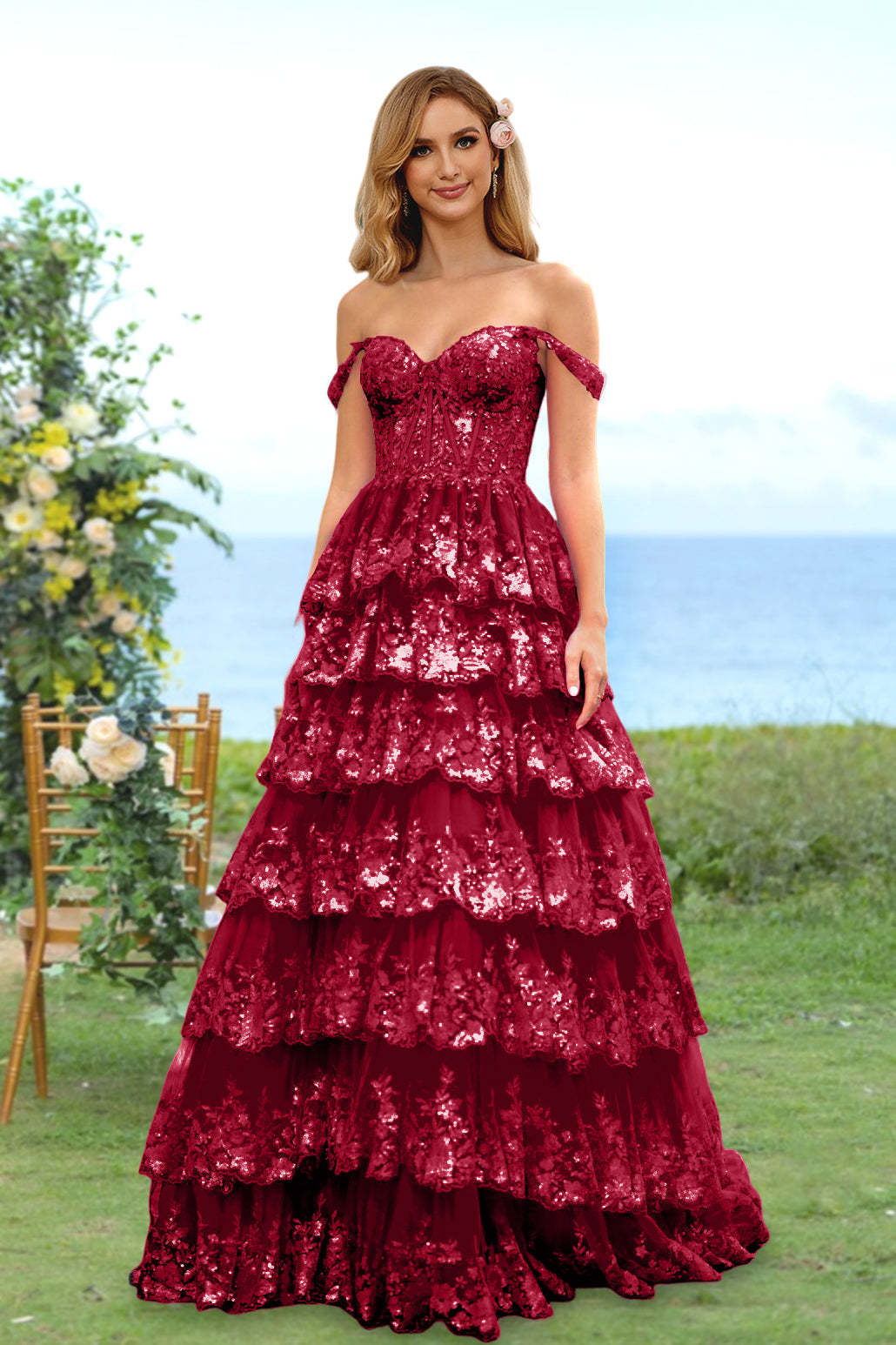 Sweetheart Off-the-Shoulder A-Line Princess Long Prom Dress with Floral Sequins & Ruffles