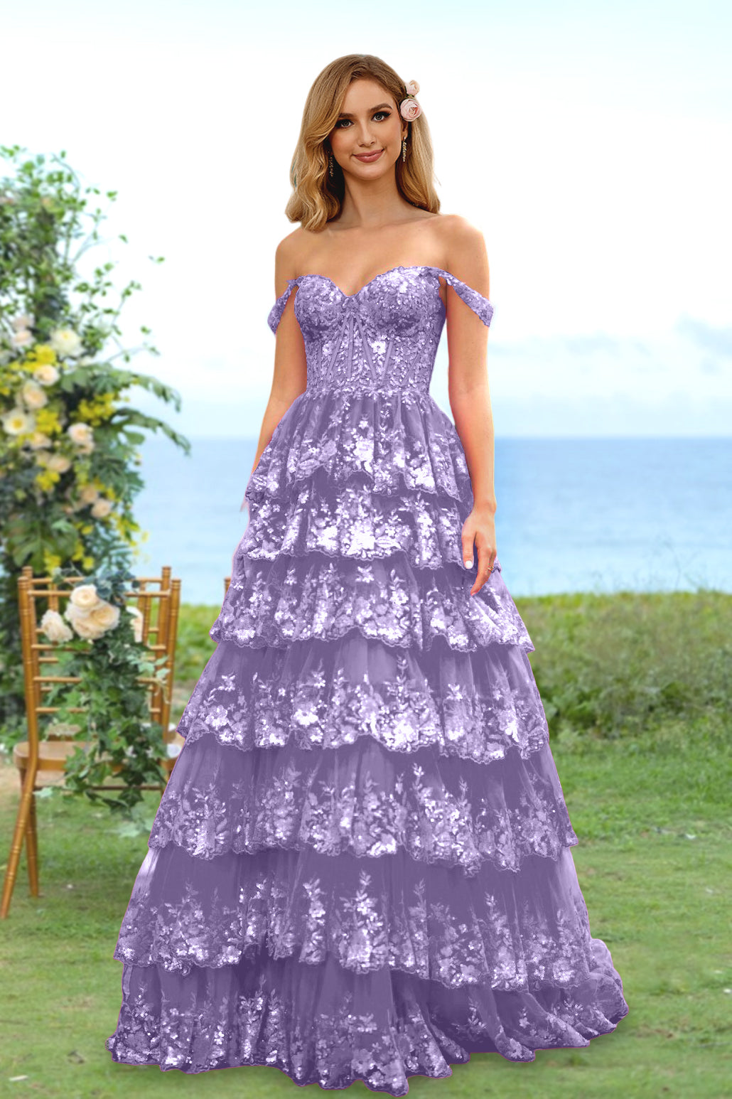 Sweetheart Off-the-Shoulder A-Line Princess Long Prom Dress with Floral Sequins & Ruffles