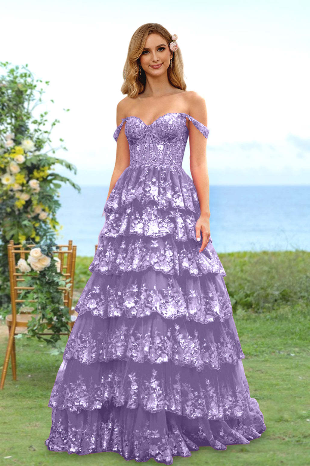 Sweetheart Off-the-Shoulder A-Line Princess Long Prom Dress with Floral Sequins & Ruffles