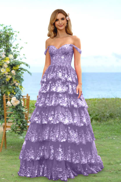 Sweetheart Off-the-Shoulder A-Line Princess Long Prom Dress with Floral Sequins & Ruffles