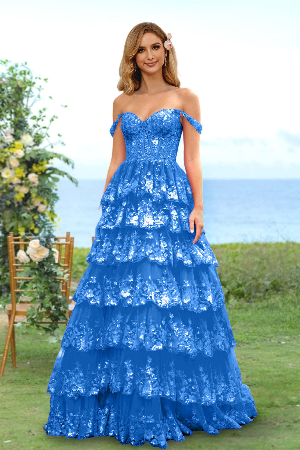 Sweetheart Off-the-Shoulder A-Line Princess Long Prom Dress with Floral Sequins & Ruffles