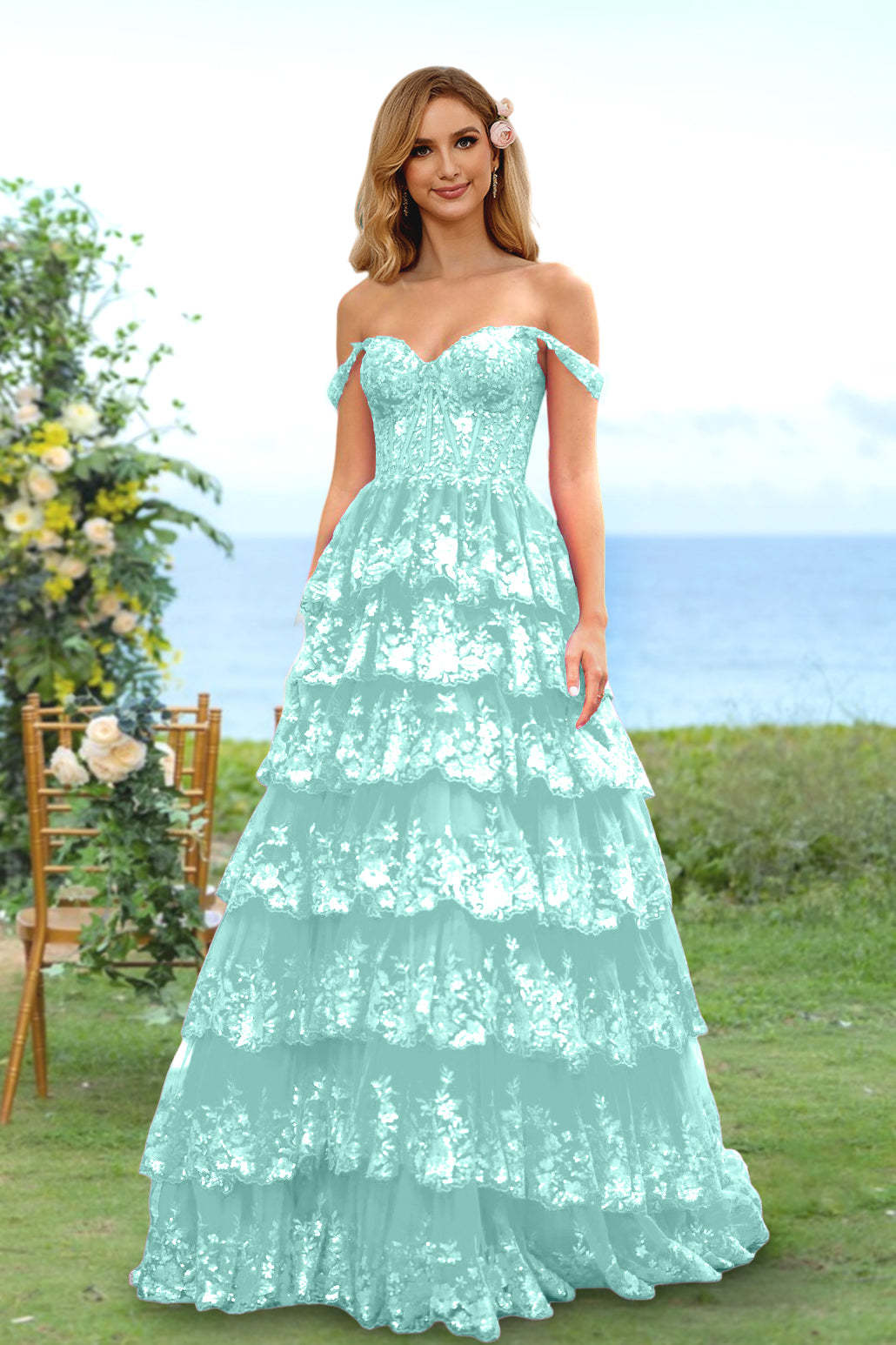 Sweetheart Off-the-Shoulder A-Line Princess Long Prom Dress with Floral Sequins & Ruffles