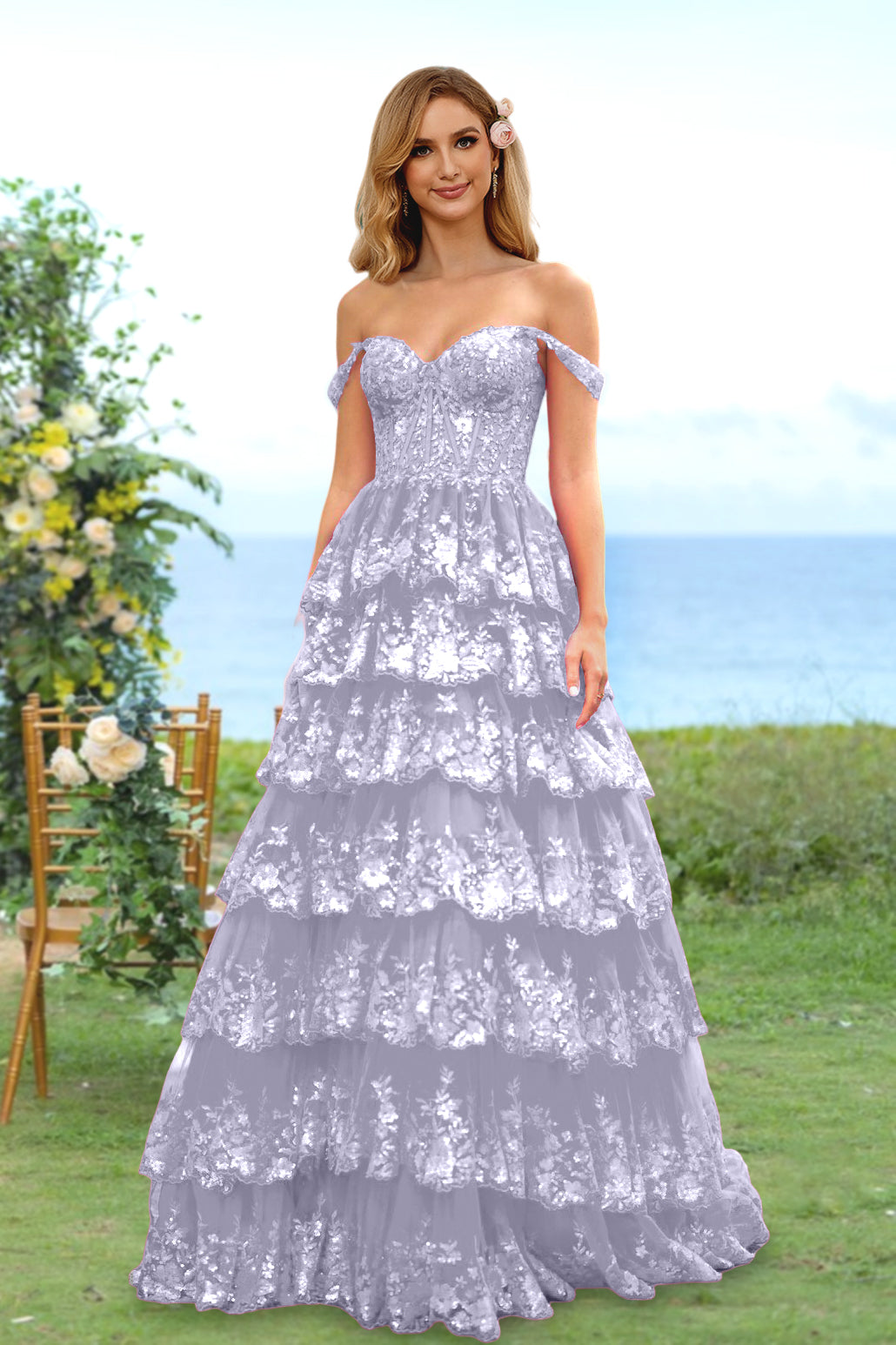 Sweetheart Off-the-Shoulder A-Line Princess Long Prom Dress with Floral Sequins & Ruffles