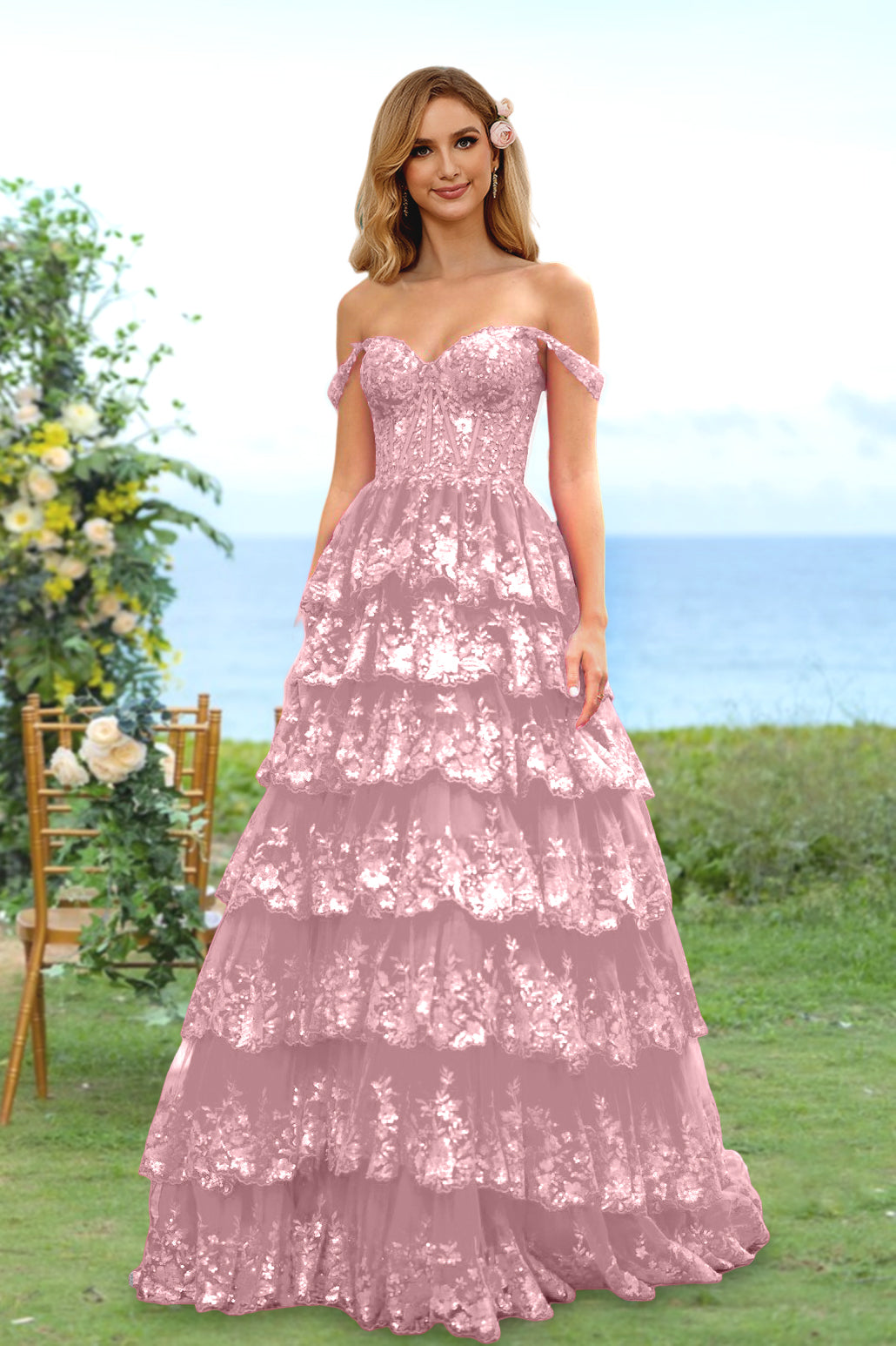 Sweetheart Off-the-Shoulder A-Line Princess Long Prom Dress with Floral Sequins & Ruffles