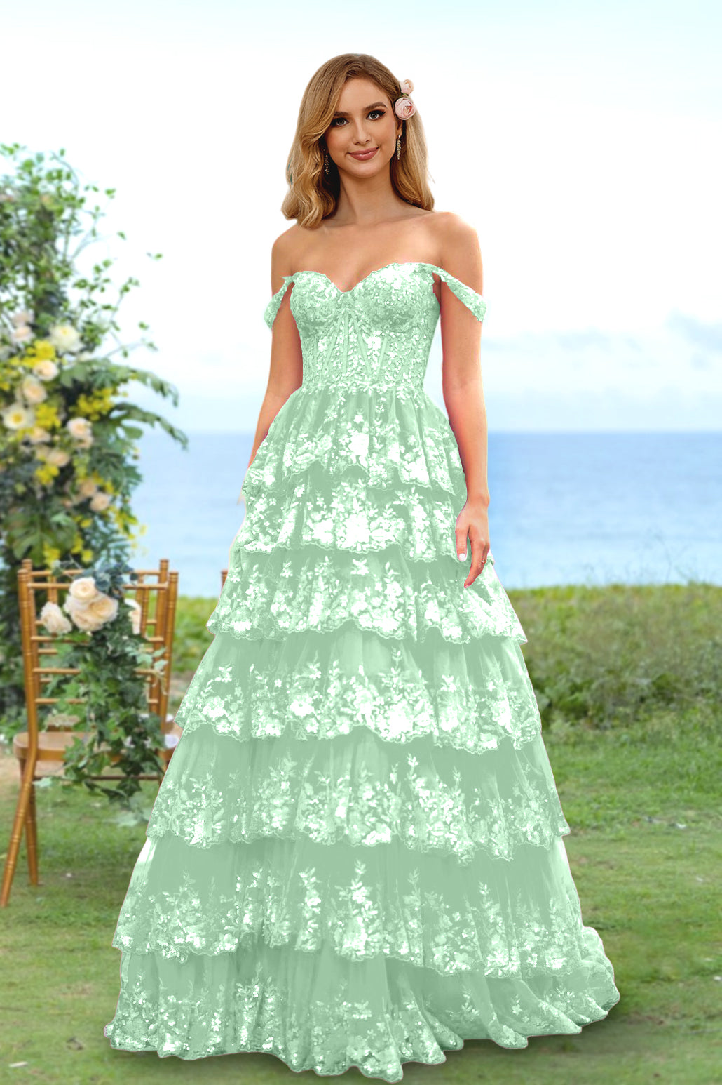 Sweetheart Off-the-Shoulder A-Line Princess Long Prom Dress with Floral Sequins & Ruffles
