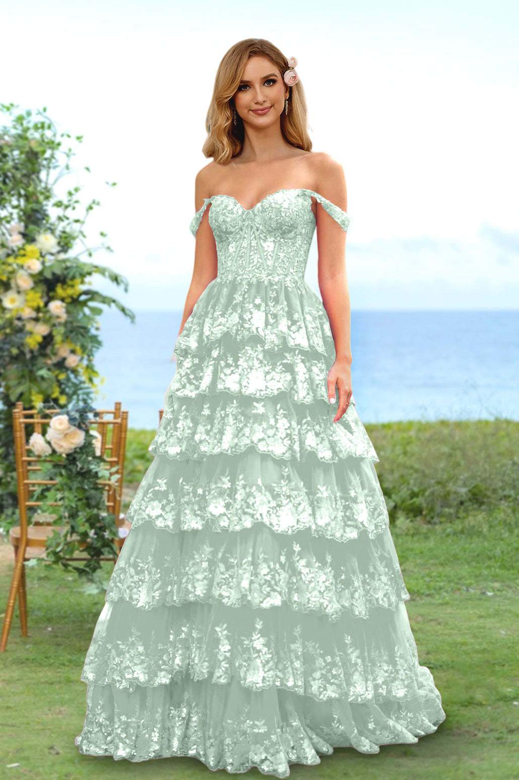 Sweetheart Off-the-Shoulder A-Line Princess Long Prom Dress with Floral Sequins & Ruffles