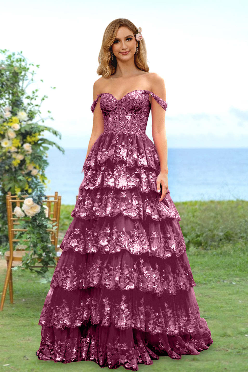 Sweetheart Off-the-Shoulder A-Line Princess Long Prom Dress with Floral Sequins & Ruffles