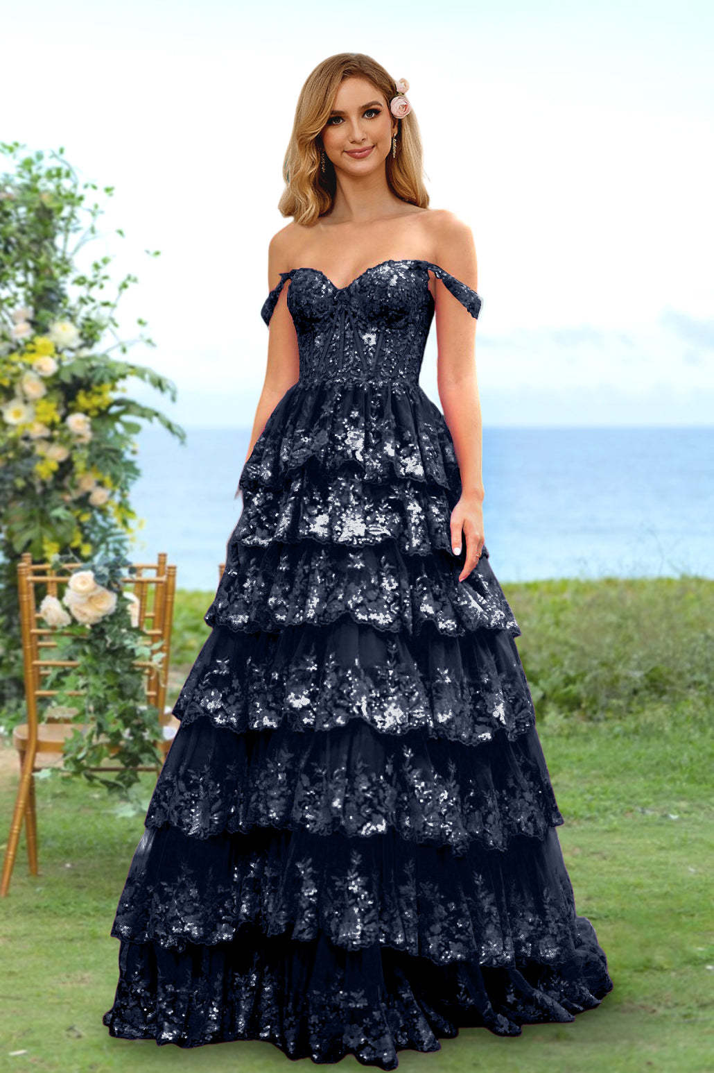 Sweetheart Off-the-Shoulder A-Line Princess Long Prom Dress with Floral Sequins & Ruffles