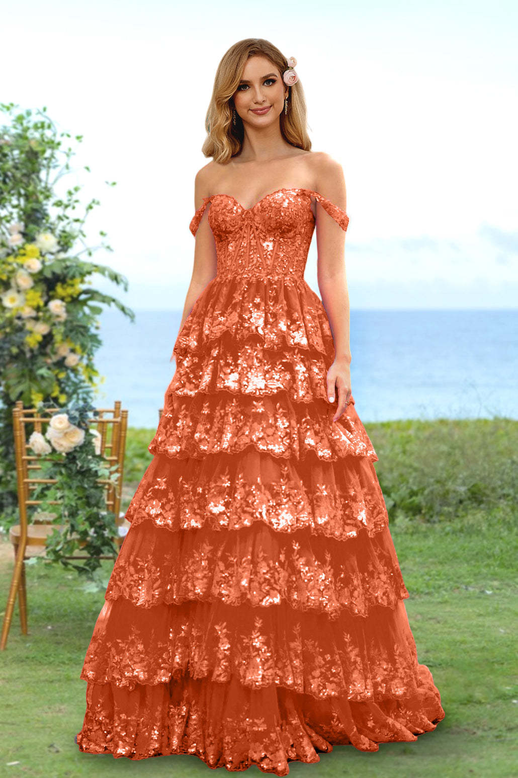 Sweetheart Off-the-Shoulder A-Line Princess Long Prom Dress with Floral Sequins & Ruffles