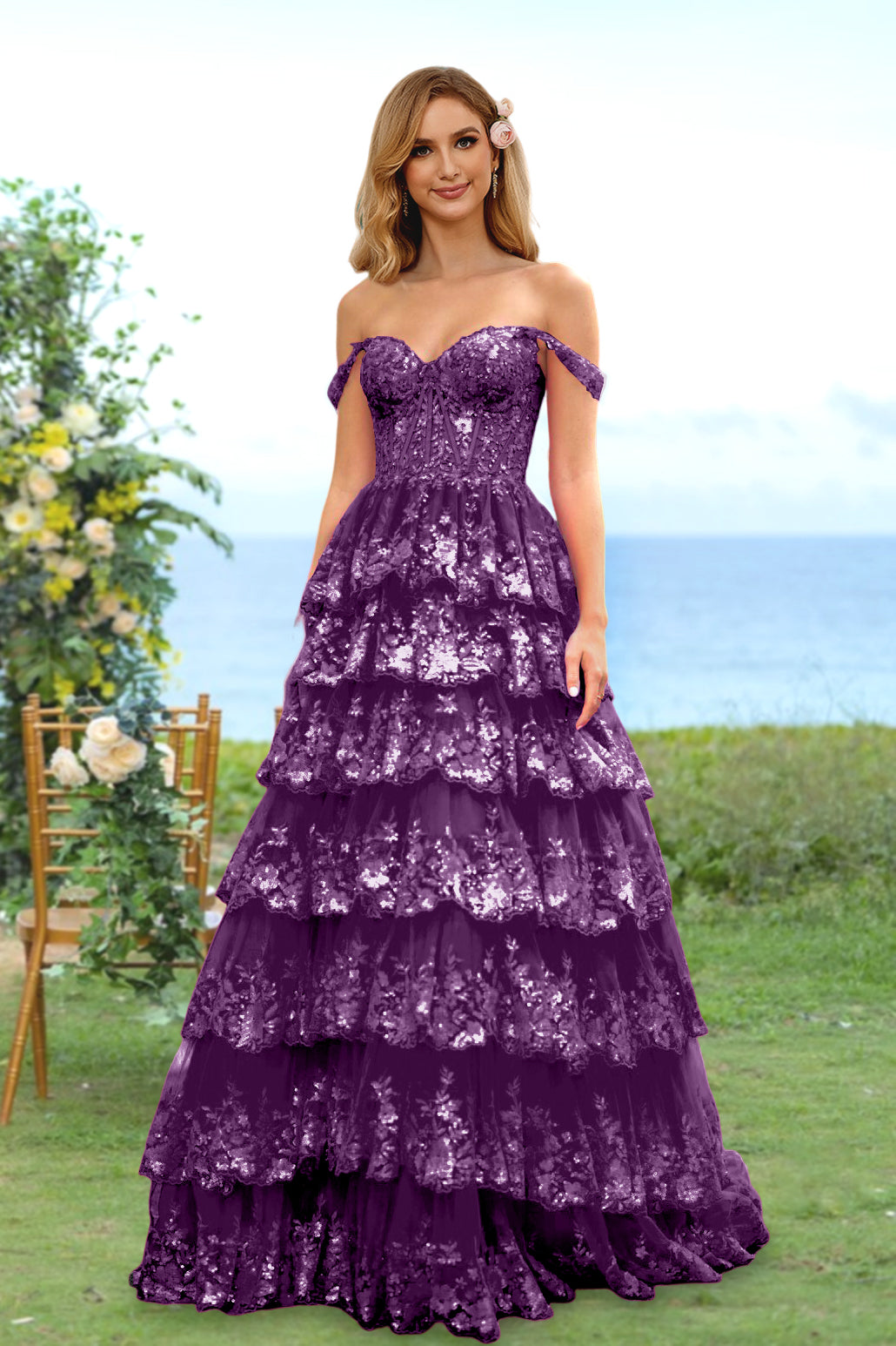 Sweetheart Off-the-Shoulder A-Line Princess Long Prom Dress with Floral Sequins & Ruffles