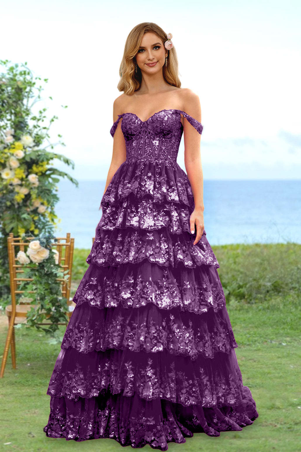 Sweetheart Off-the-Shoulder A-Line Princess Long Prom Dress with Floral Sequins & Ruffles