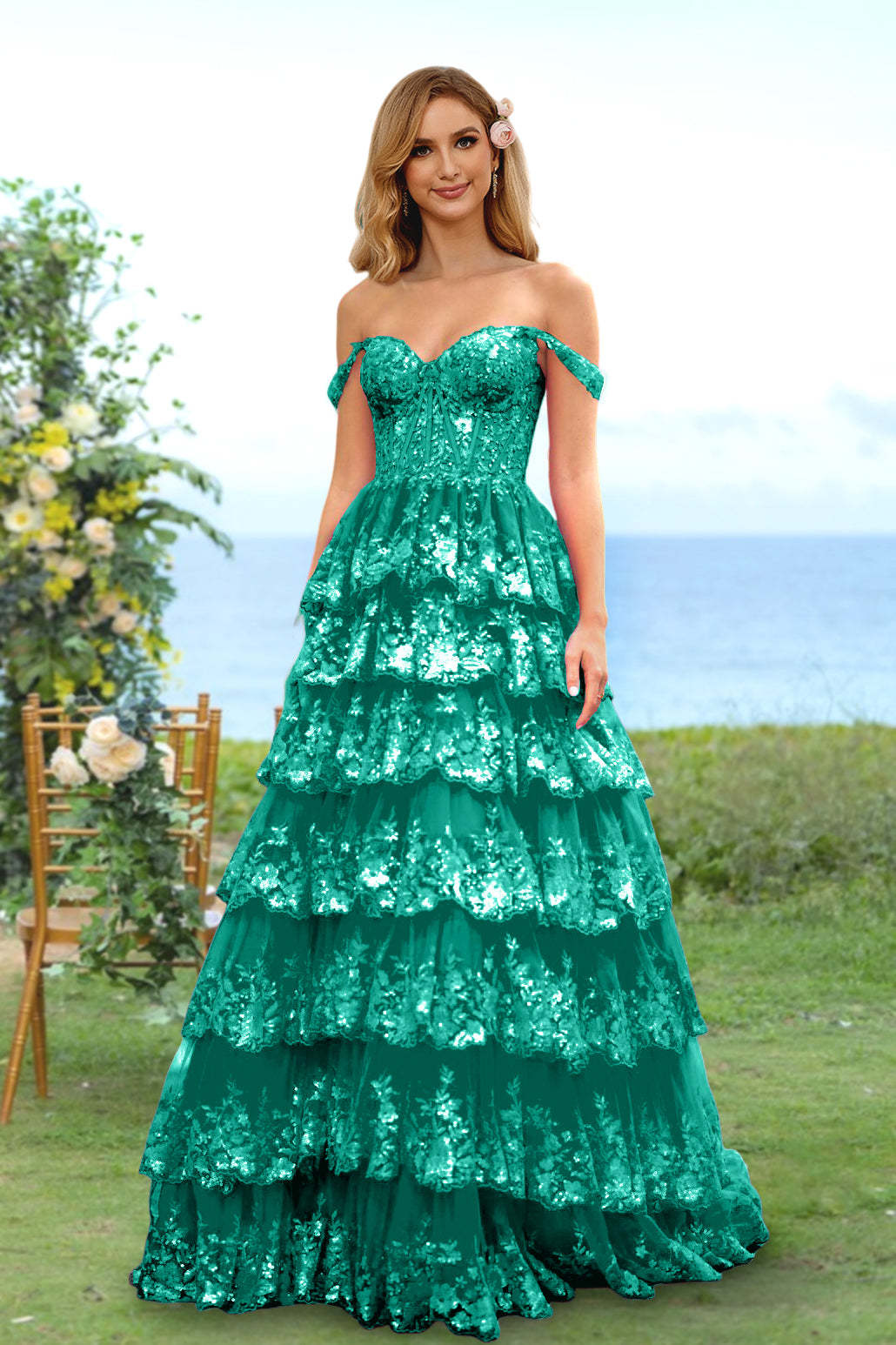 Sweetheart Off-the-Shoulder A-Line Princess Long Prom Dress with Floral Sequins & Ruffles
