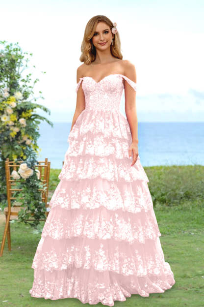 Sweetheart Off-the-Shoulder A-Line Princess Long Prom Dress with Floral Sequins & Ruffles
