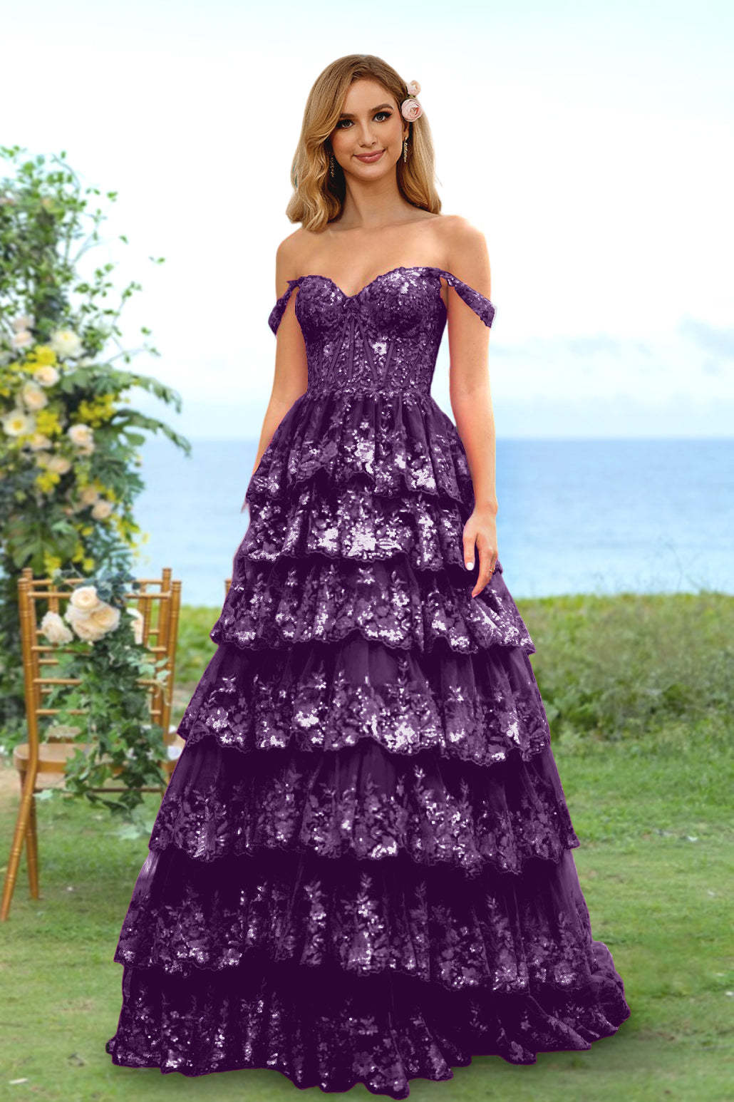 Sweetheart Off-the-Shoulder A-Line Princess Long Prom Dress with Floral Sequins & Ruffles