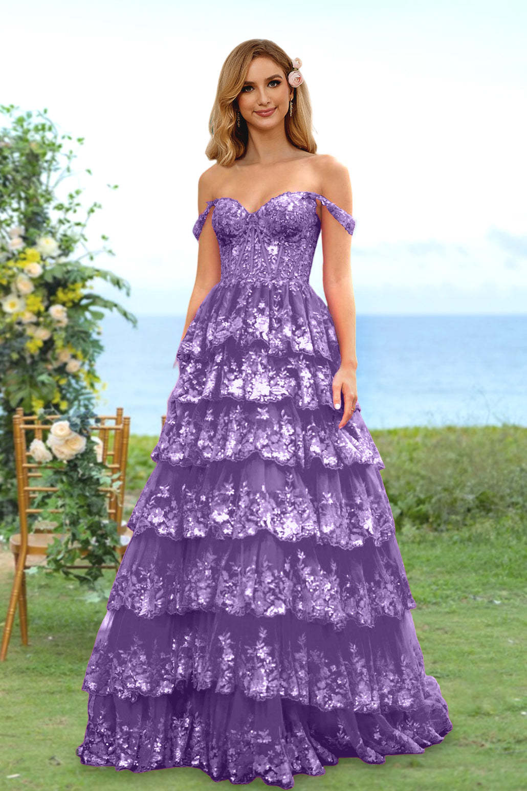 Sweetheart Off-the-Shoulder A-Line Princess Long Prom Dress with Floral Sequins & Ruffles