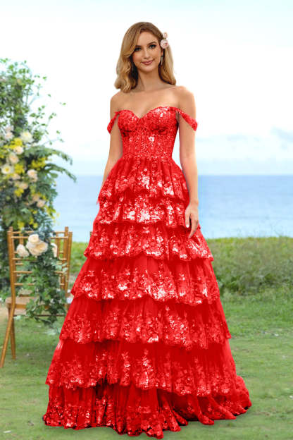 Sweetheart Off-the-Shoulder A-Line Princess Long Prom Dress with Floral Sequins & Ruffles