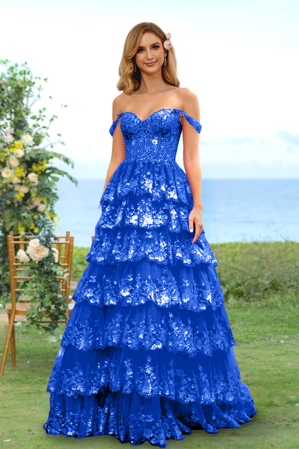 Sweetheart Off-the-Shoulder A-Line Princess Long Prom Dress with Floral Sequins & Ruffles