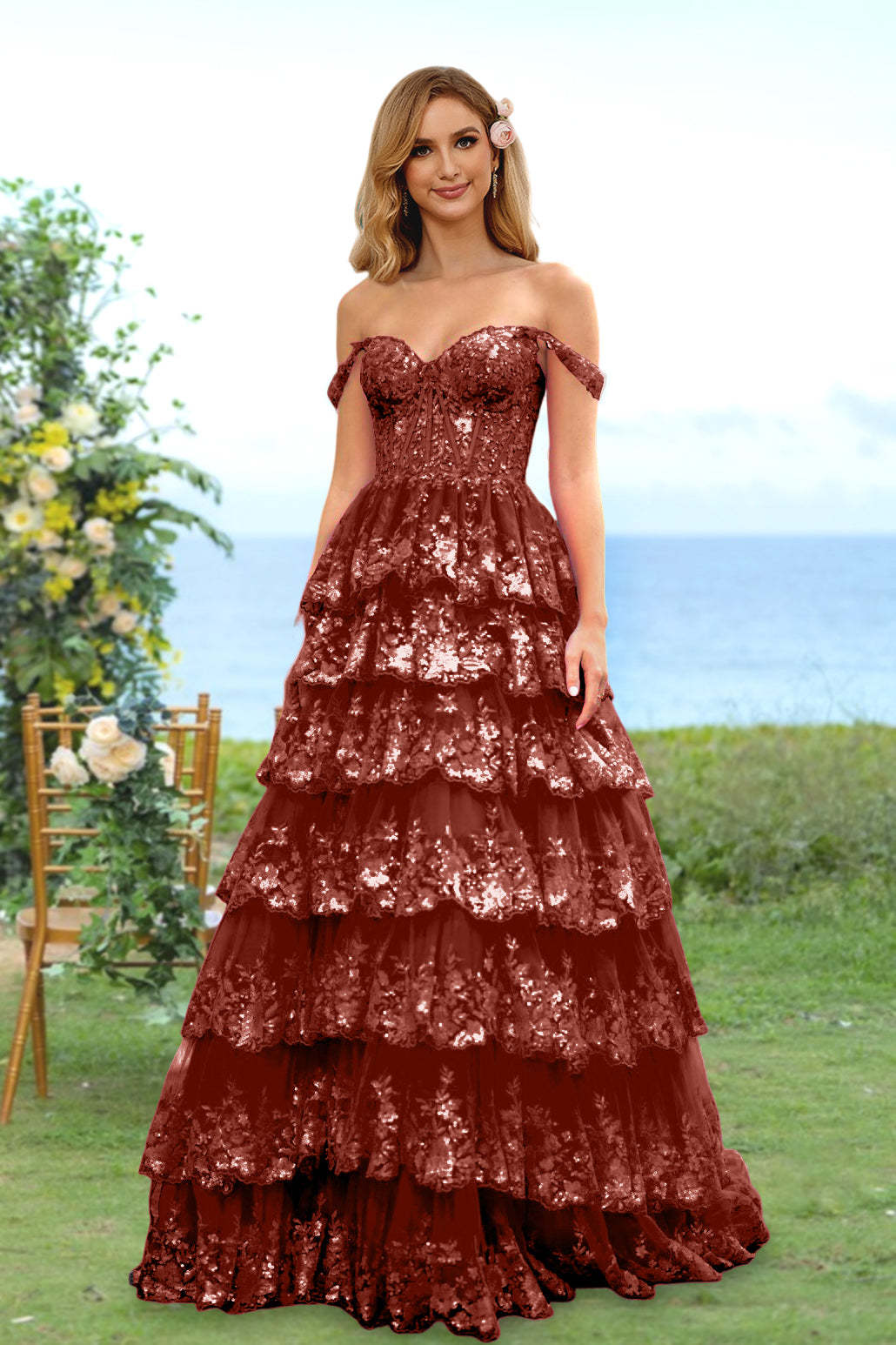 Sweetheart Off-the-Shoulder A-Line Princess Long Prom Dress with Floral Sequins & Ruffles