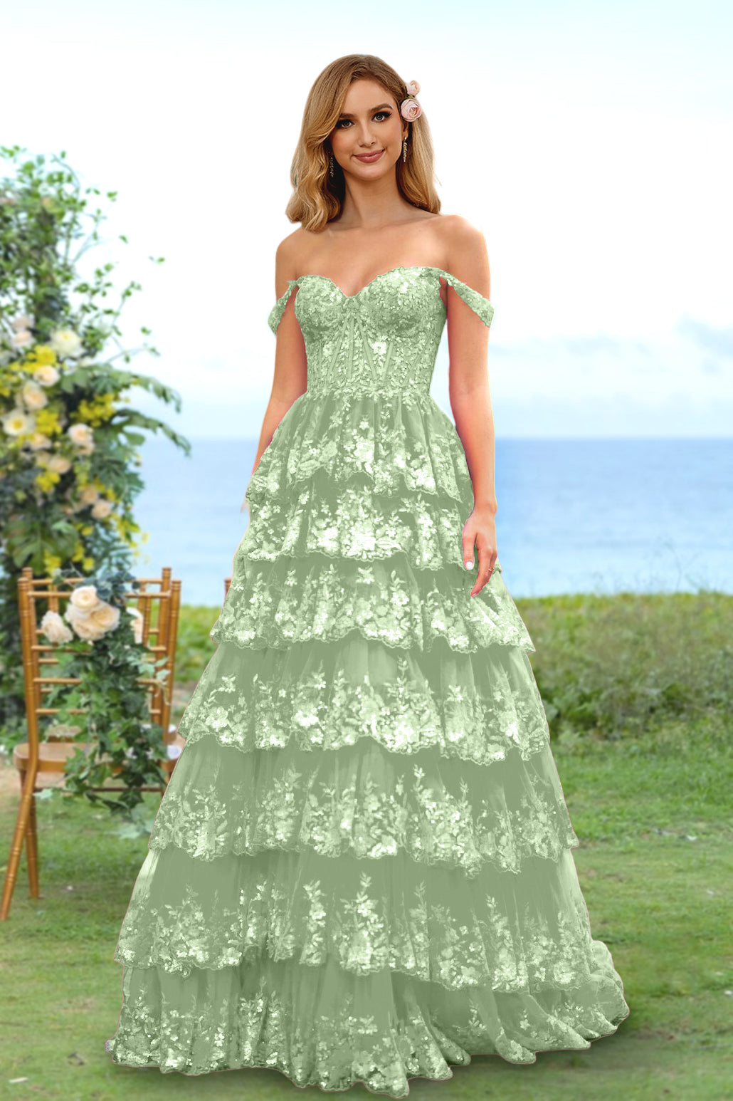 Sweetheart Off-the-Shoulder A-Line Princess Long Prom Dress with Floral Sequins & Ruffles